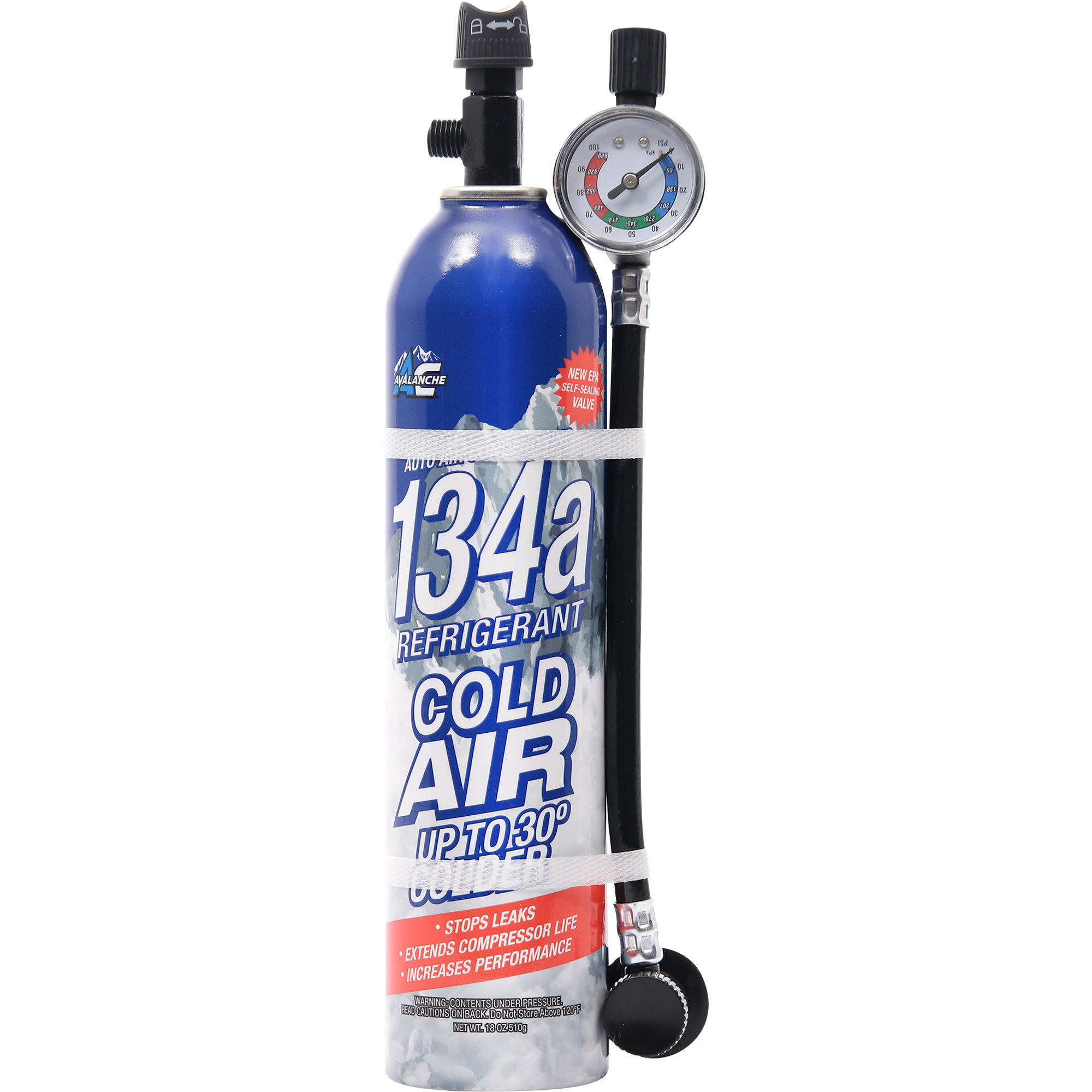 Avalanche Auto A/C Refrigerant with Gauge, R-134a Systems, 18oz.